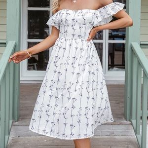 NWT Simplee Floral Print Ruffle Sleeve Off Shoulder White Flower Purple Dress